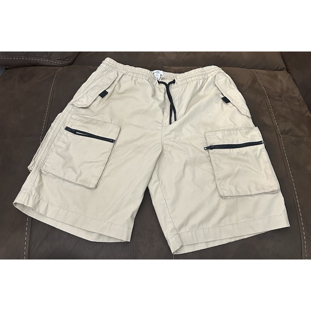 H&M Men's Beige Cargo Shorts Regular Fit Flat Front Drawstring Zip Pockets